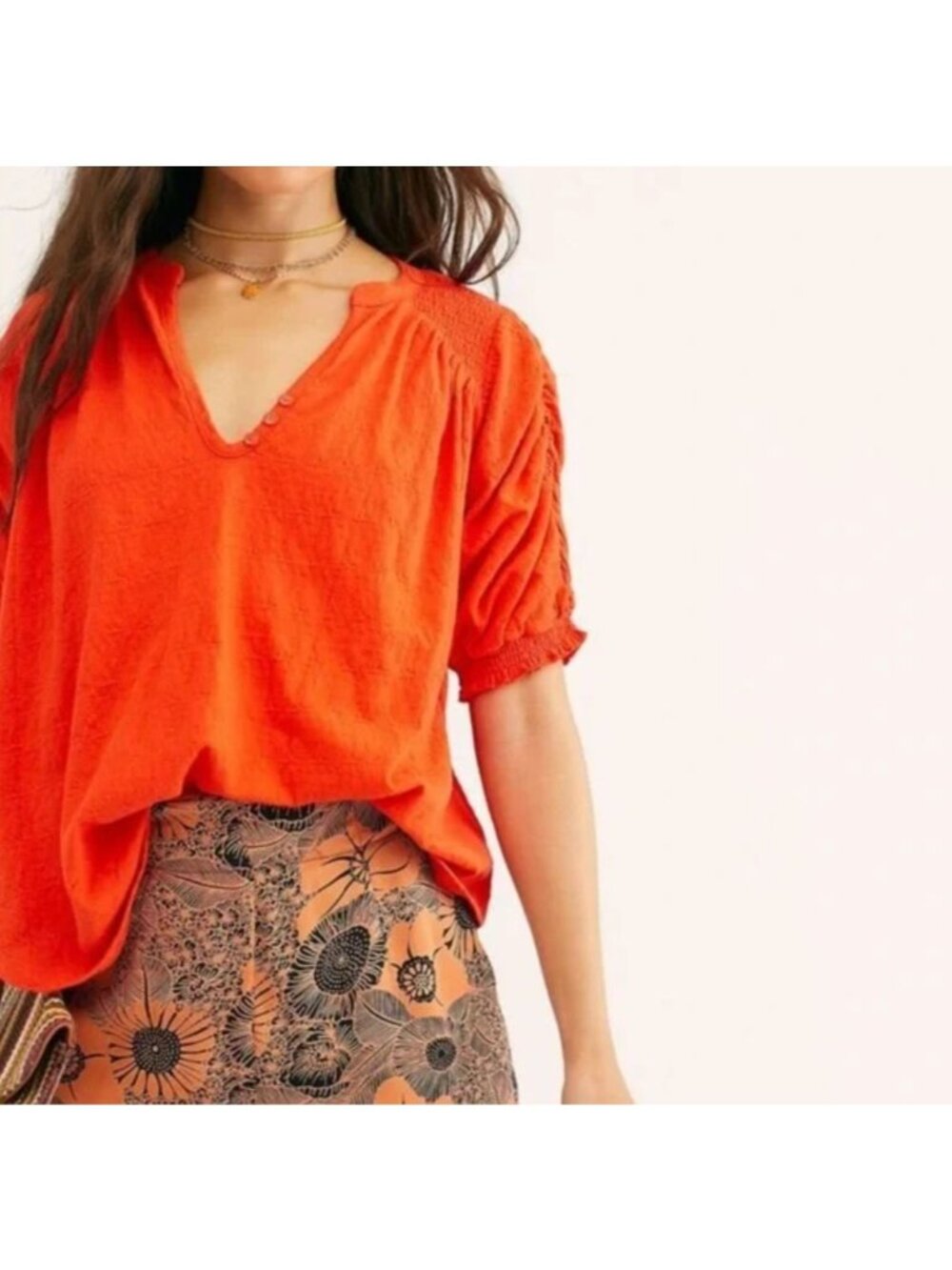 Free People Fever Dream Top Textured Cotton Prairie Shirt Blood Orange Red Sm